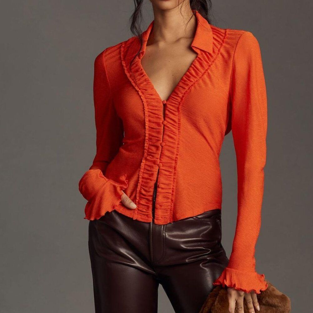 By Anthropologie Long-Sleeve Textured Button Down Top Orange Small NWT Ruffles